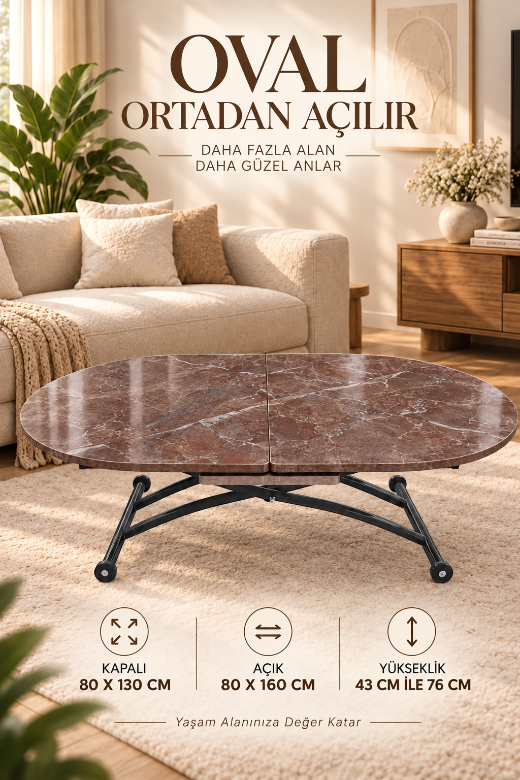 Ortadan Açılır Oval Akıllı Masa | VişneMermer MDF & Siyah