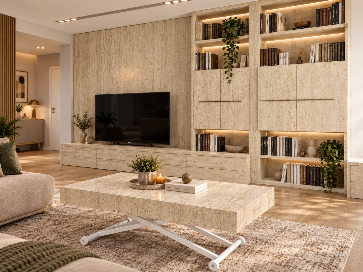 Oval Side-Opening Smart Table | Travertine MDF & Black