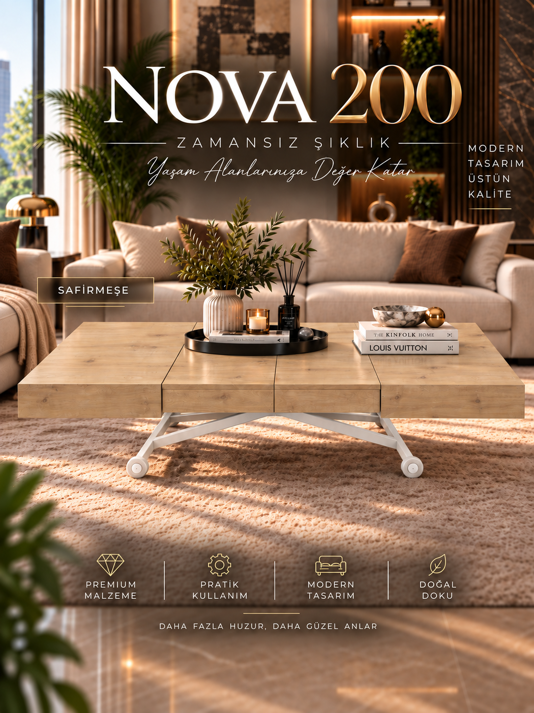 Oval Side-Opening Smart Table | Travertine MDF & Black