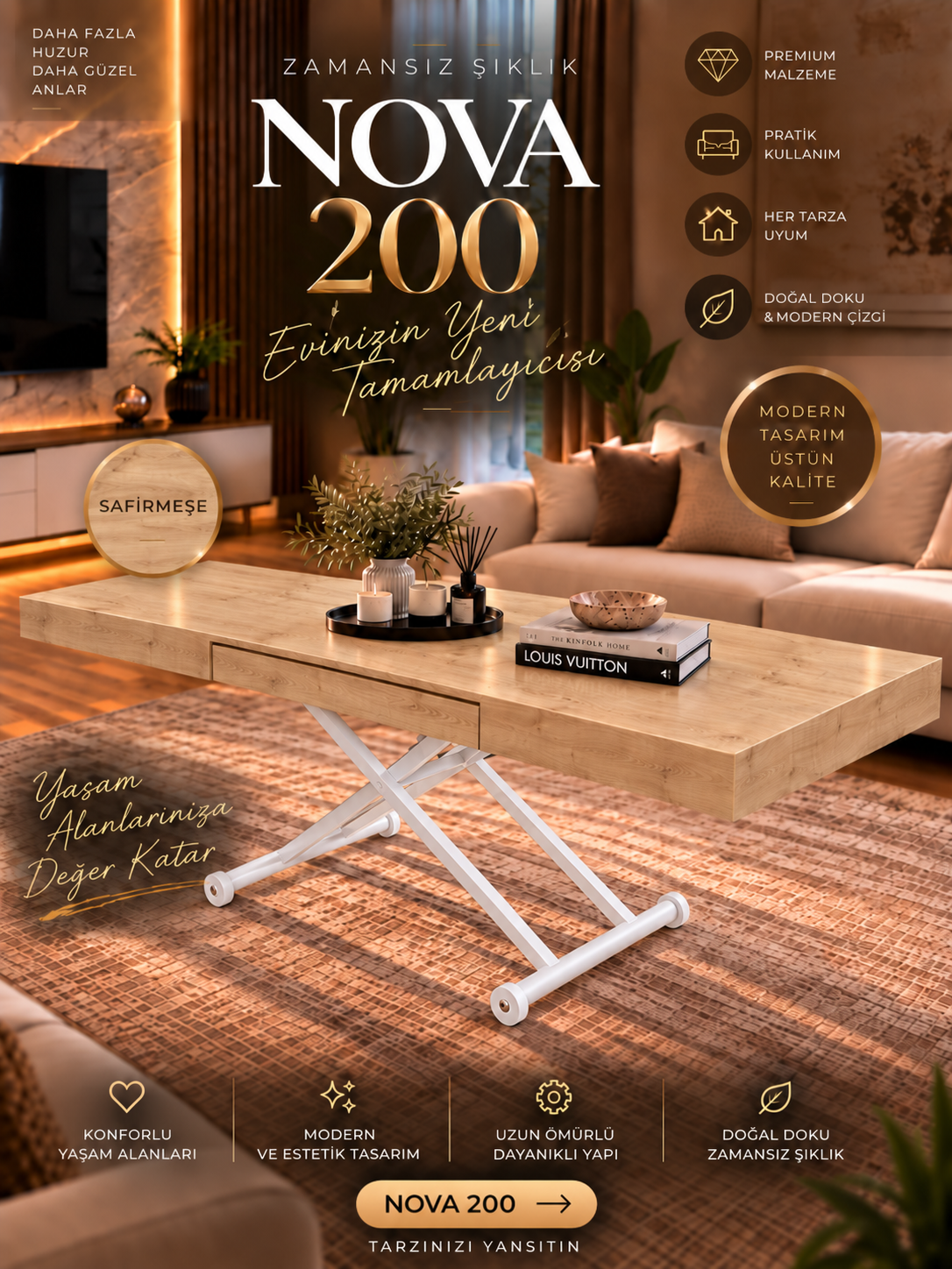 Oval Side-Opening Smart Table | Travertine MDF & Black