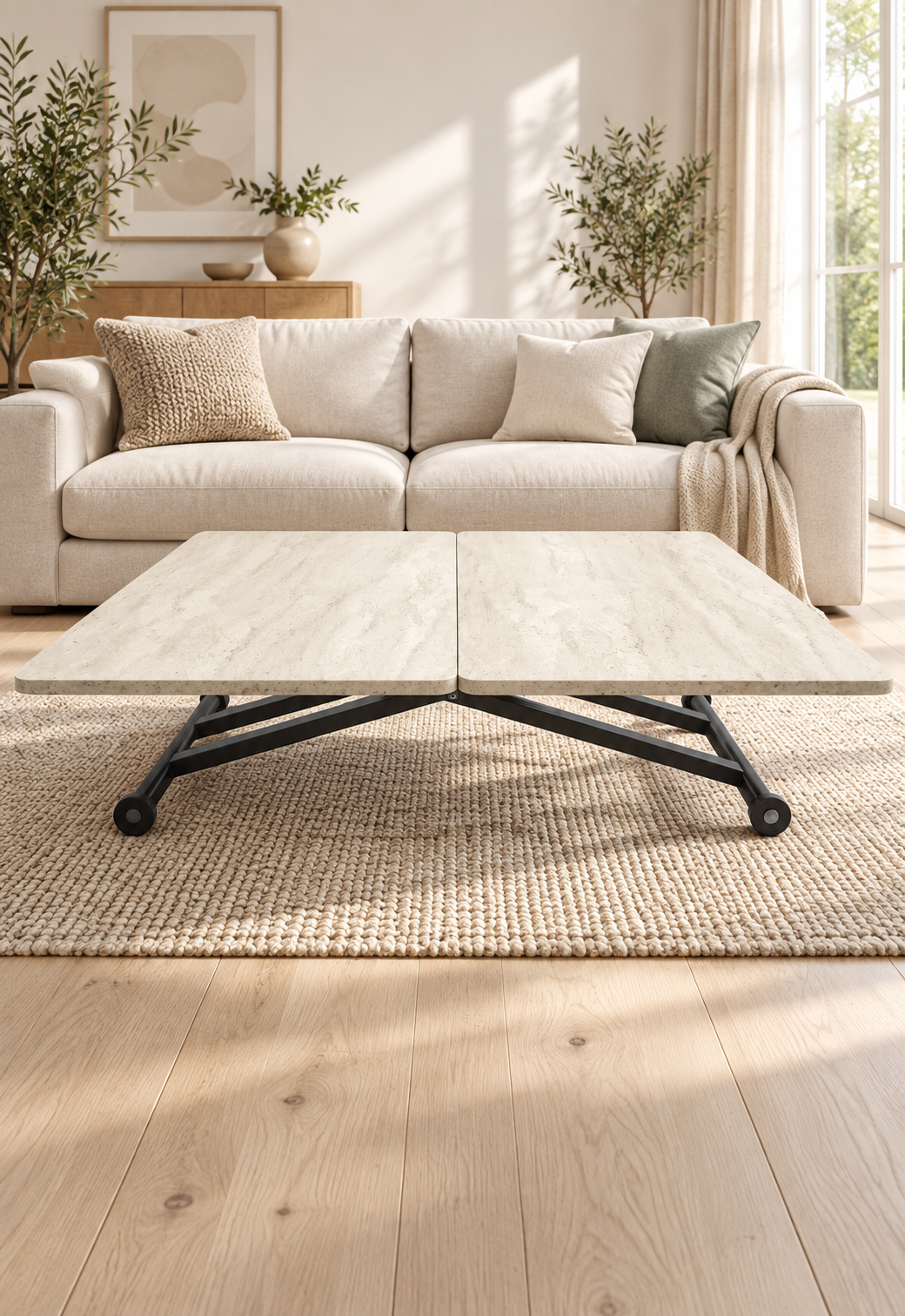 Home Akıllı Sehpa – Traverten MDF Üst & Siyah Metal Ayak
