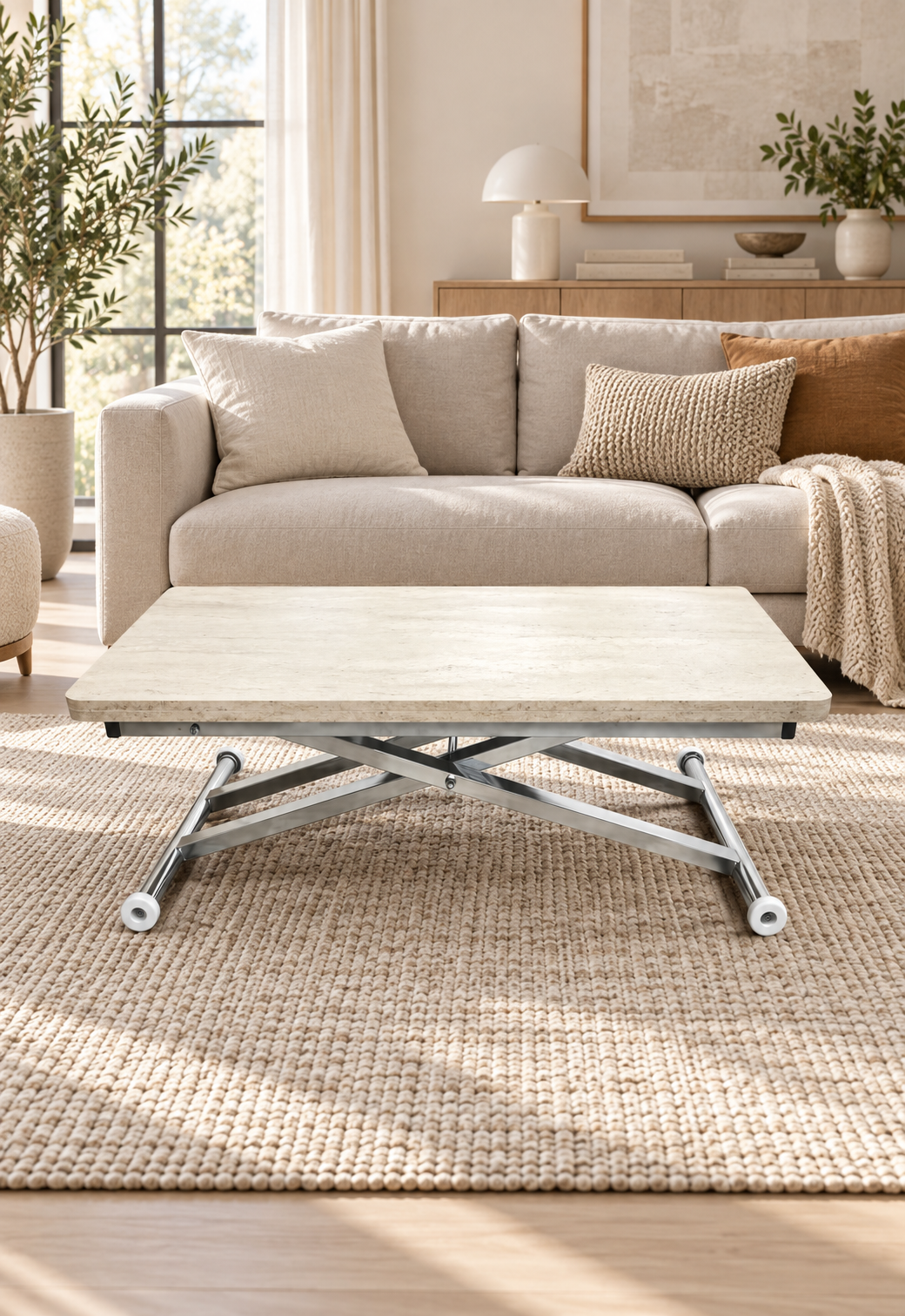 Home Smart Coffee Table – Travertine MDF Top & Chrome Plated Metal Legs