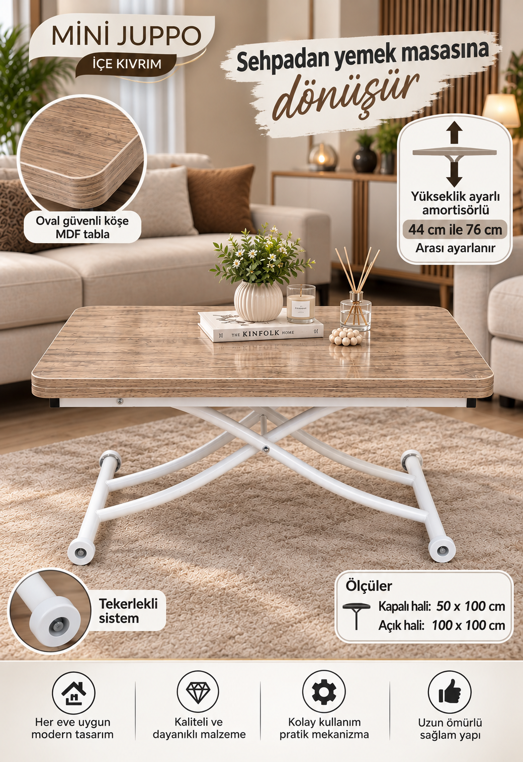 Mini Juppo Smart Coffee Table – Antique Light MDF Top & White Metal Legs