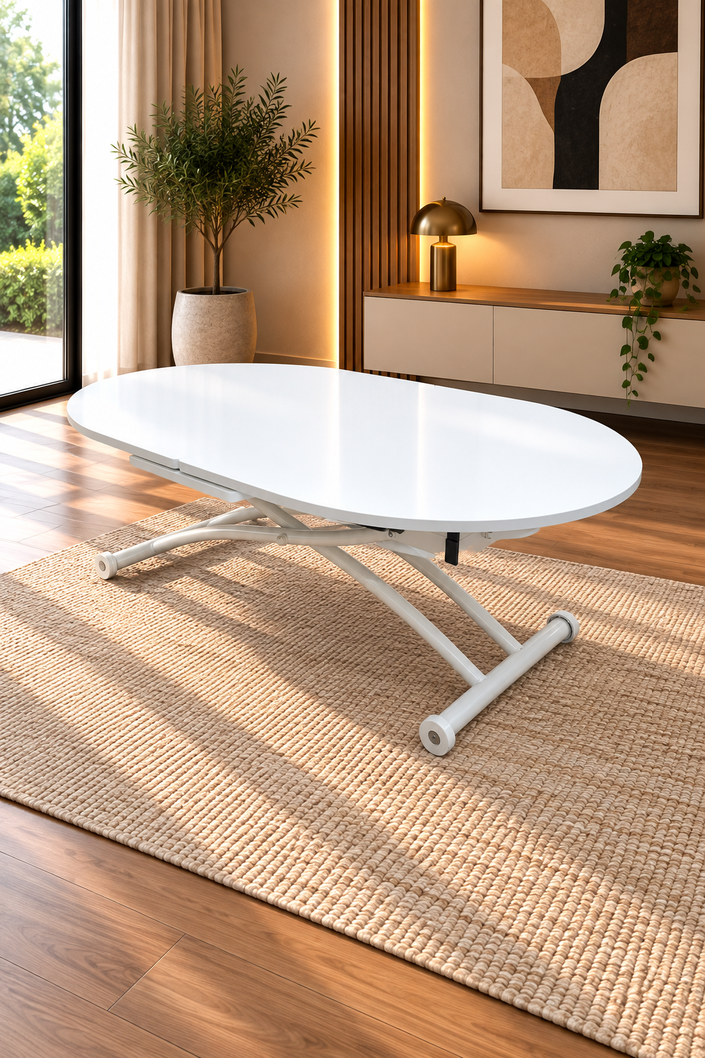 Extendable Oval Smart Table | White Marble MDF & White