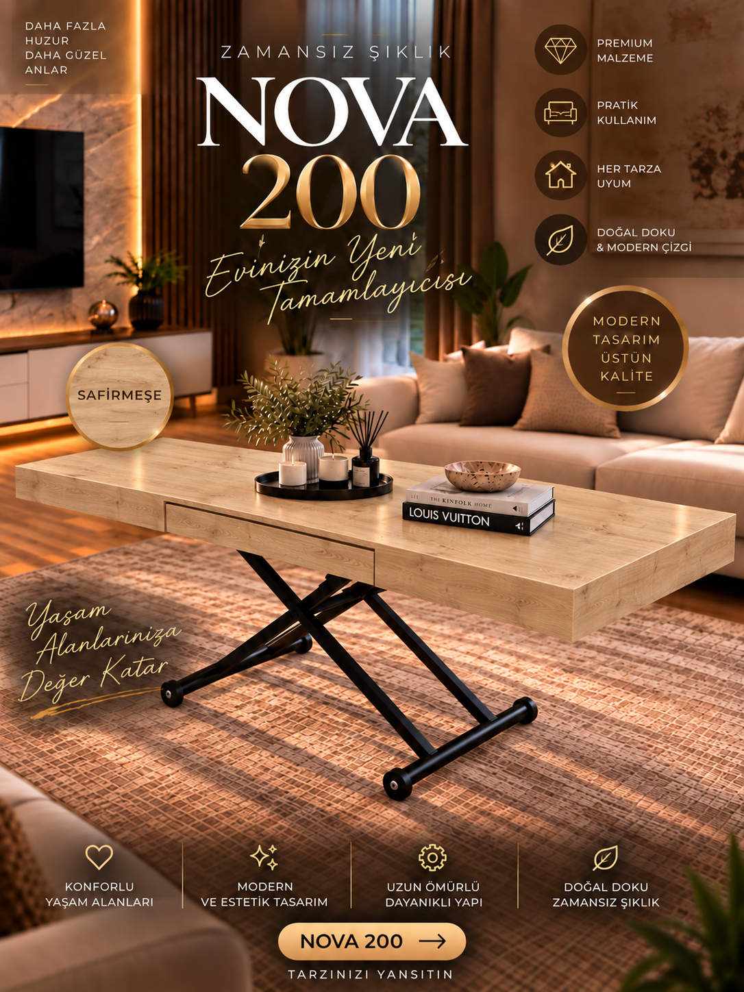Oval Side-Opening Smart Table | Travertine MDF & Black