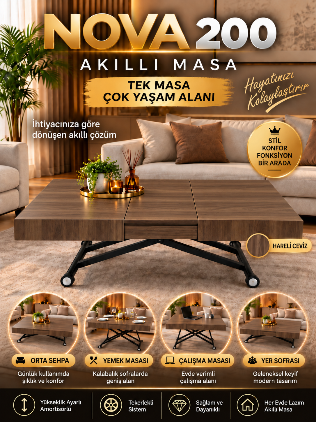 Oval Side-Opening Smart Table | Travertine MDF & Black