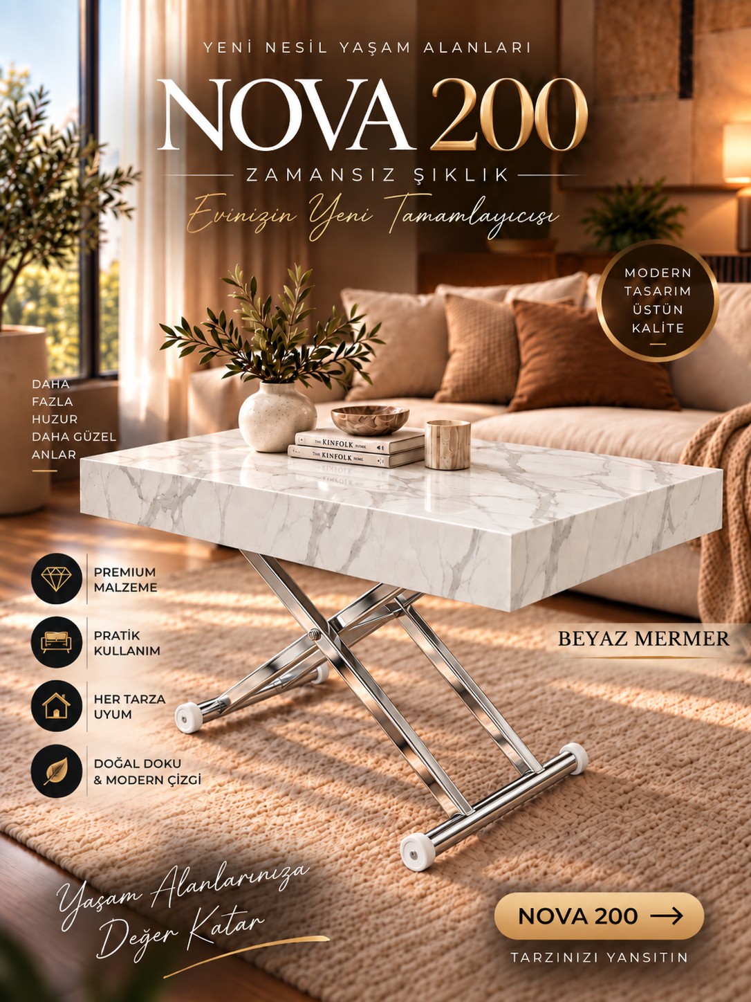 Oval Side-Opening Smart Table | Travertine MDF & Black
