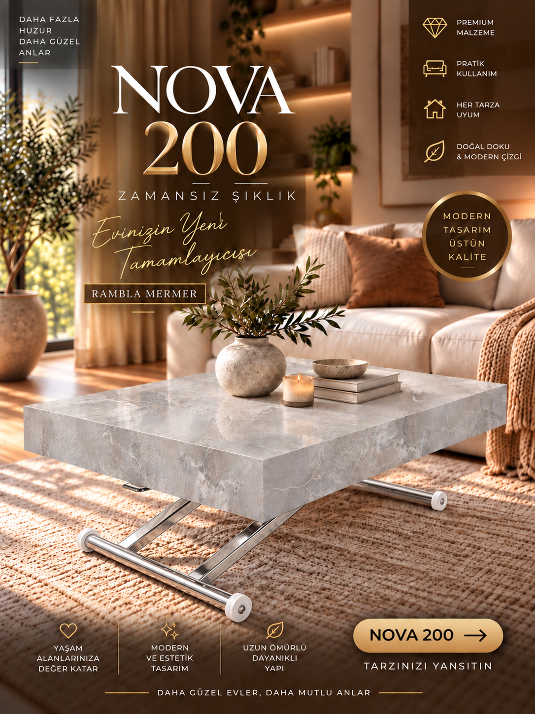 Oval Side-Opening Smart Table | Travertine MDF & Black