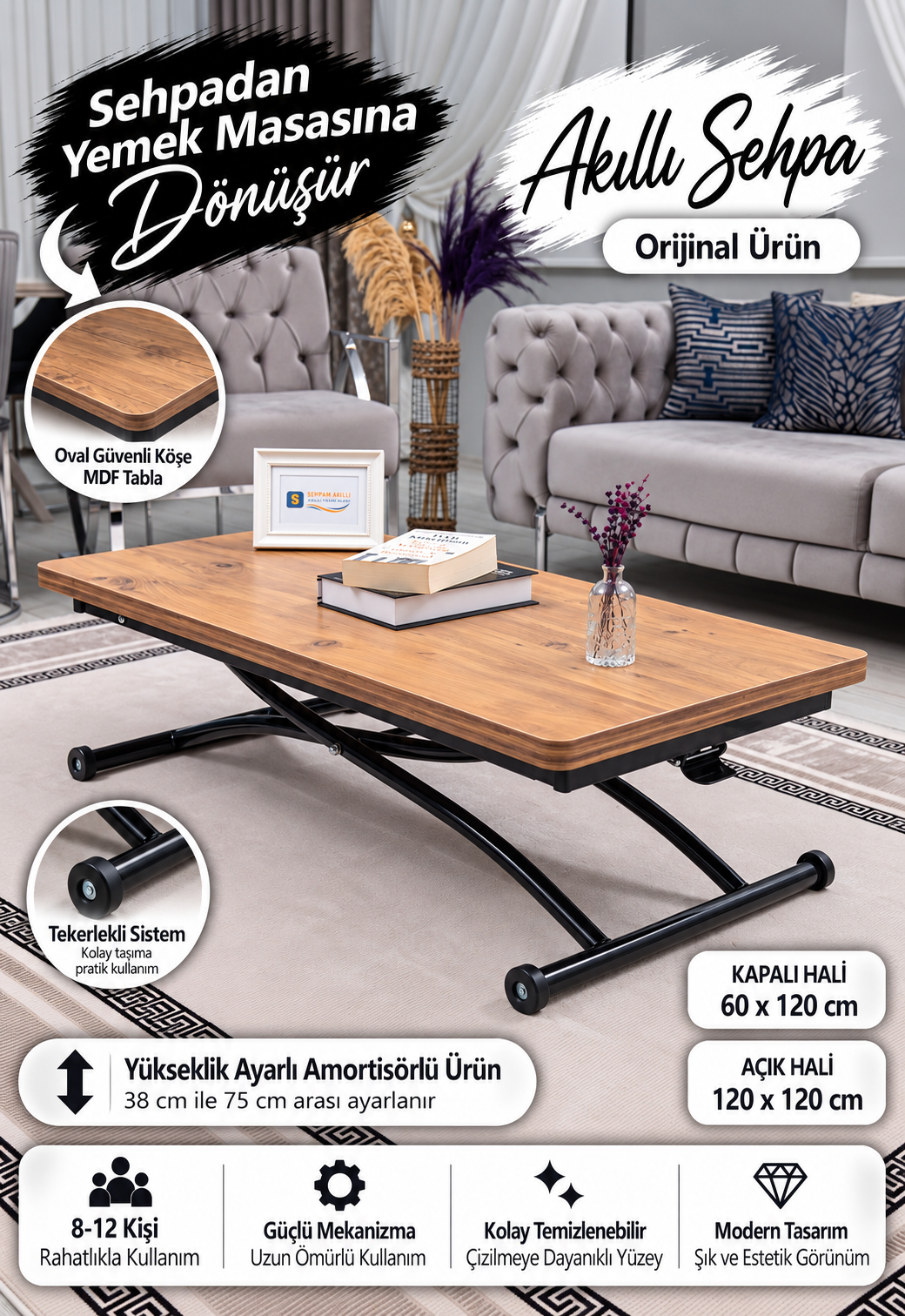 Juppo Akıllı Sehpa – EfesCam MDF Üst & Siyah Dışa Kıvrım Metal Ayak