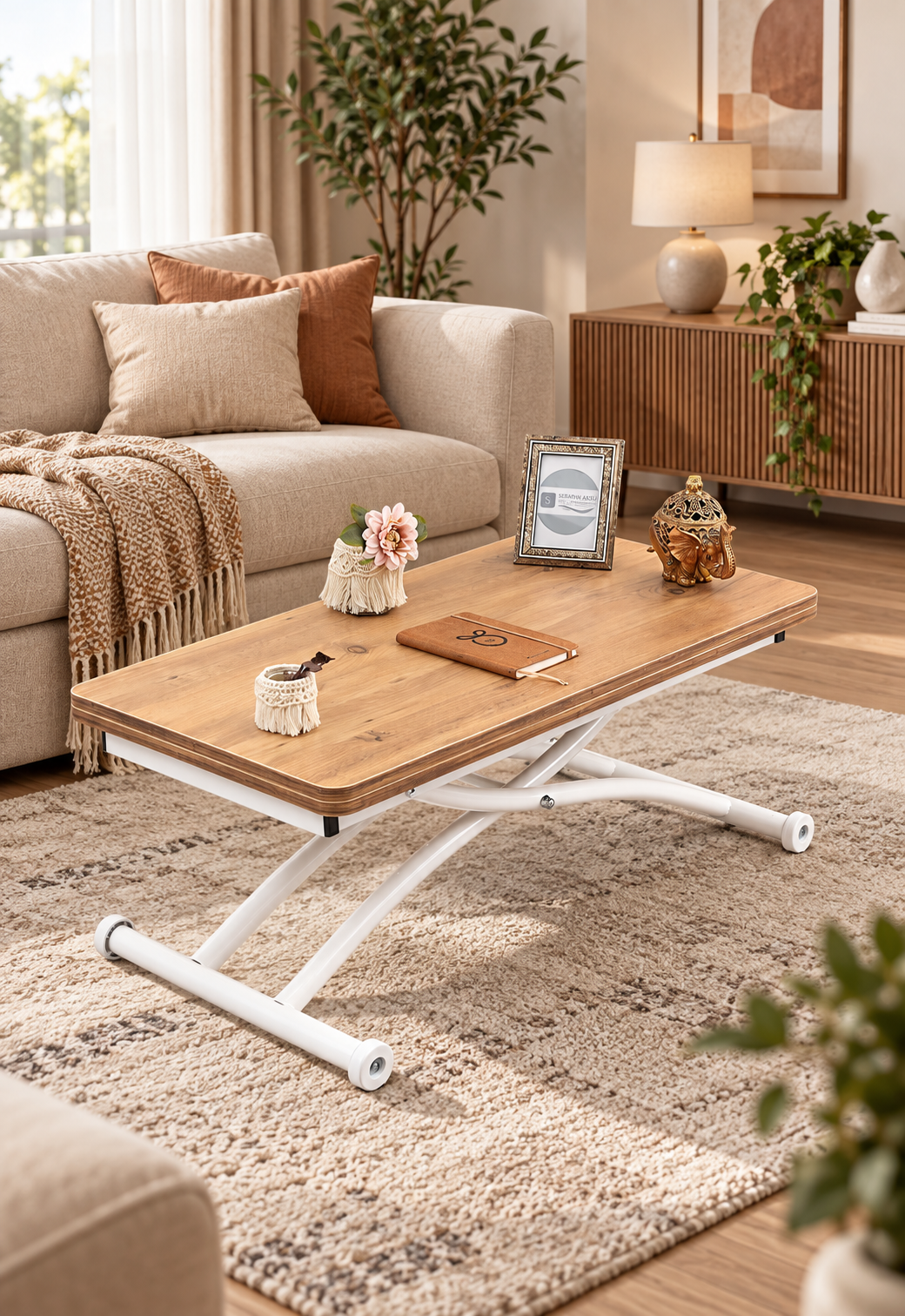 Mini Juppo Smart Coffee Table – EfesCam MDF Top & White Outward-Curved Metal Legs