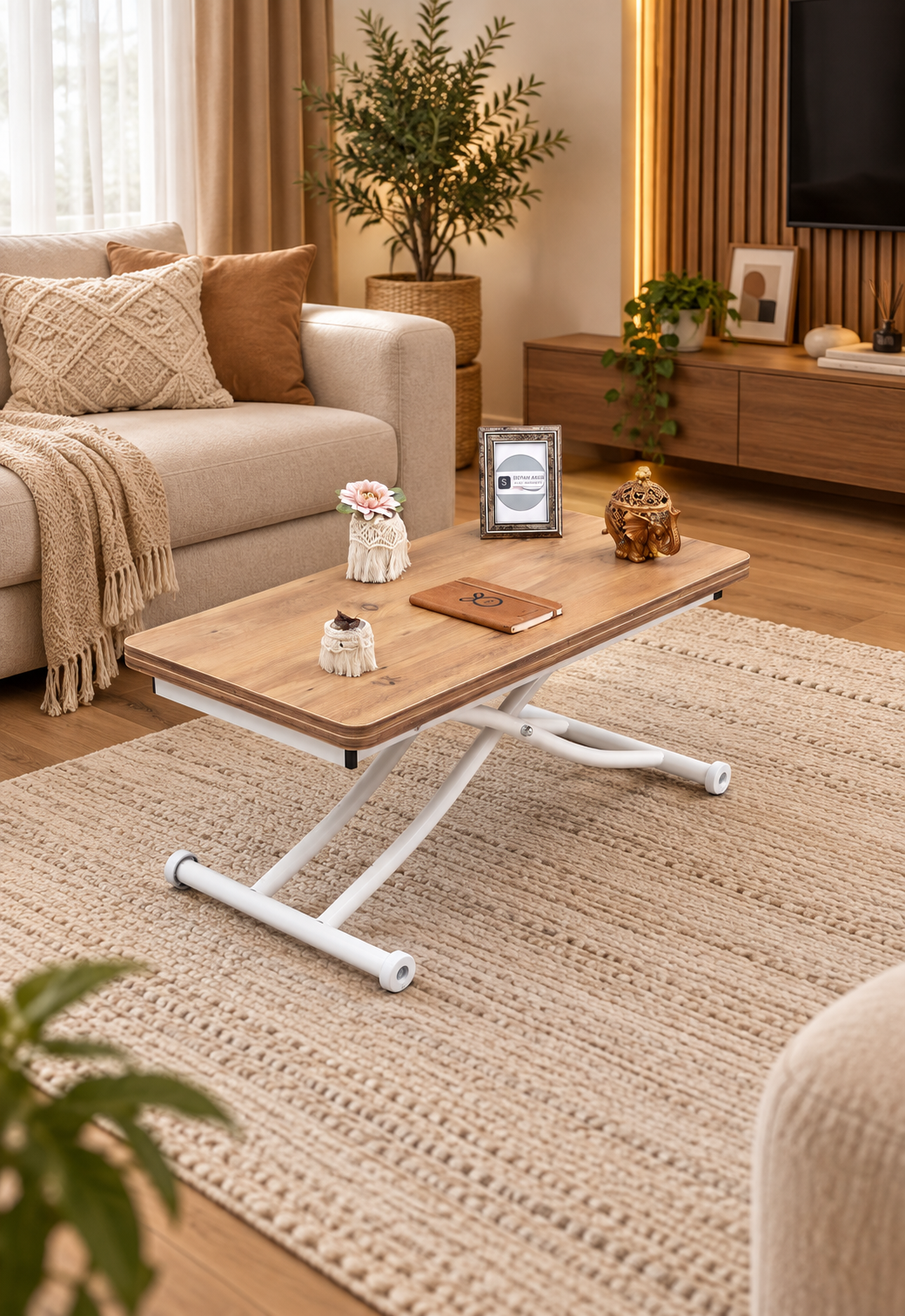 Mini Juppo Smart Coffee Table – EfesCam MDF Top & White Metal Leg