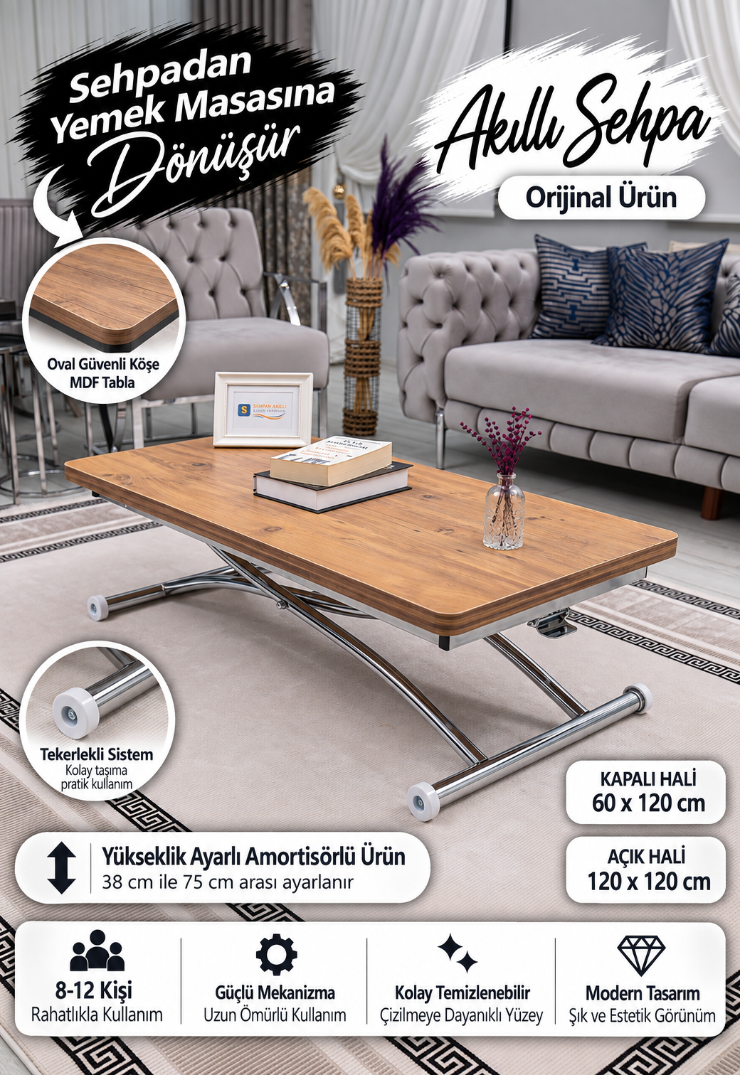 Juppo Smart Coffee Table – EfesCam MDF Top & Chrome Outwardly Curved Metal Legs
