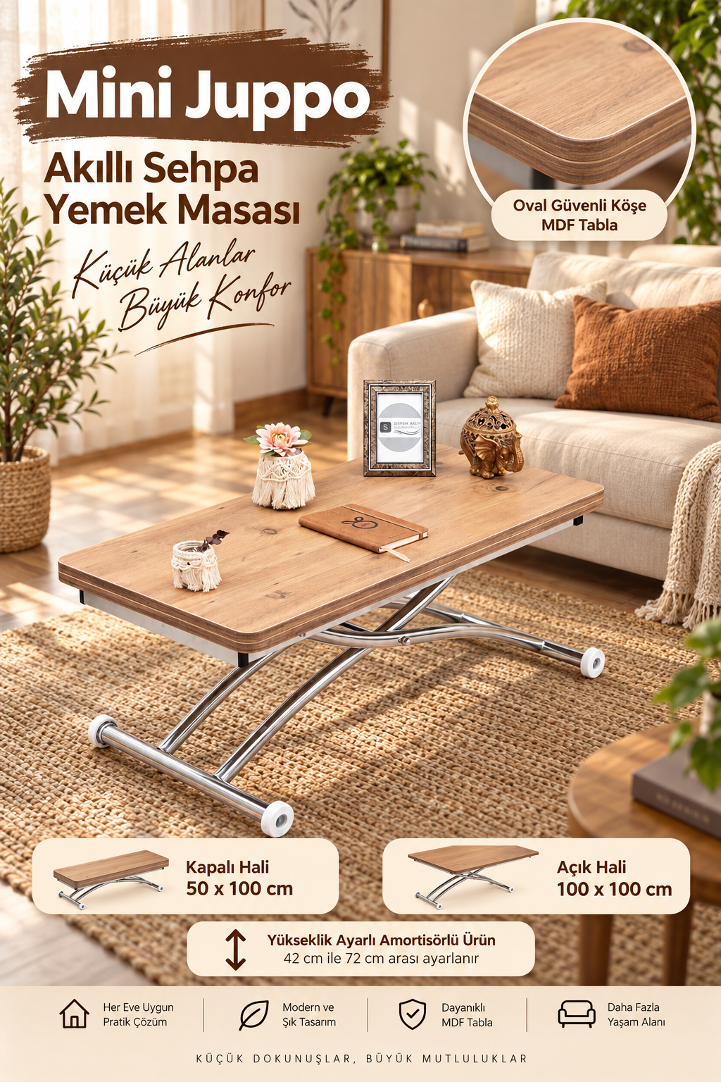 Mini Juppo Akıllı Sehpa – EfesÇam MDF Üst & Krom Dışa Kıvrım Metal Ayak