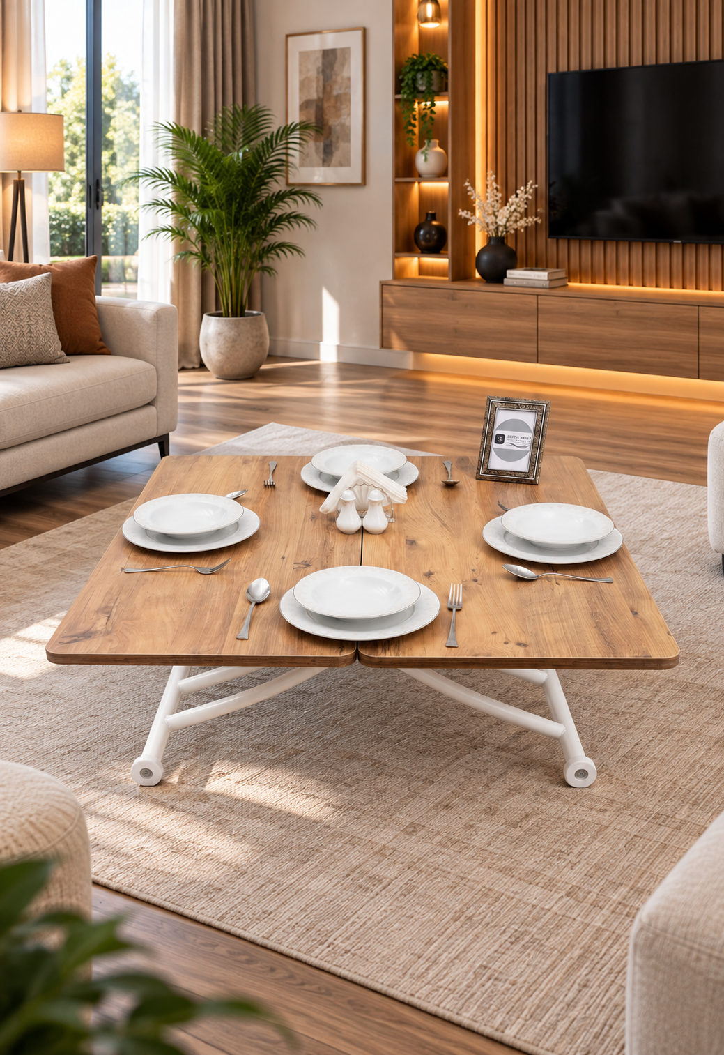 Mini Juppo Smart Coffee Table – EfesCam MDF Top & White Metal Leg