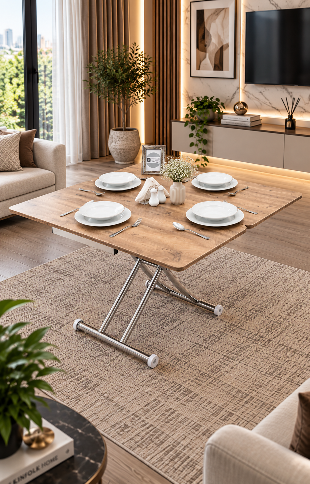 Mini Juppo Smart Coffee Table – EfesCam MDF Top & Chrome-Plated Metal Legs