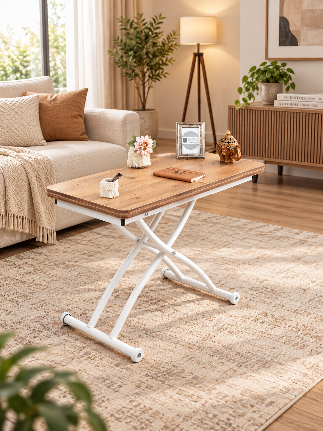 Mini Juppo Smart Coffee Table – EfesCam MDF Top & White Outward-Curved Metal Legs