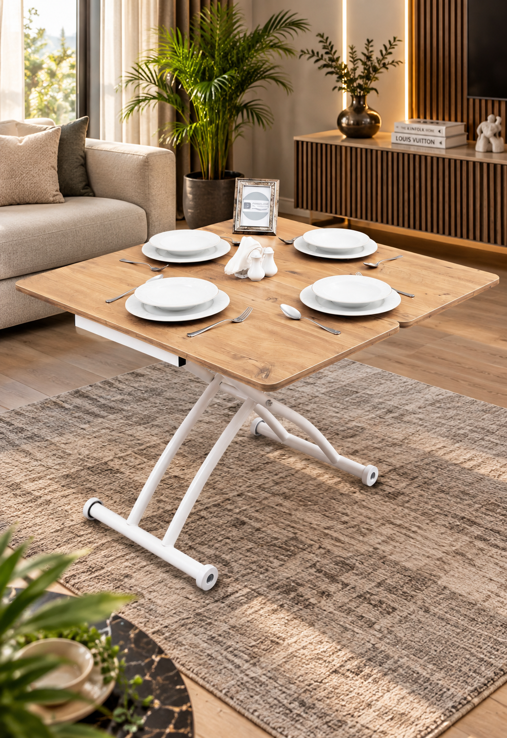 Mini Juppo Smart Coffee Table – EfesCam MDF Top & White Outward-Curved Metal Legs