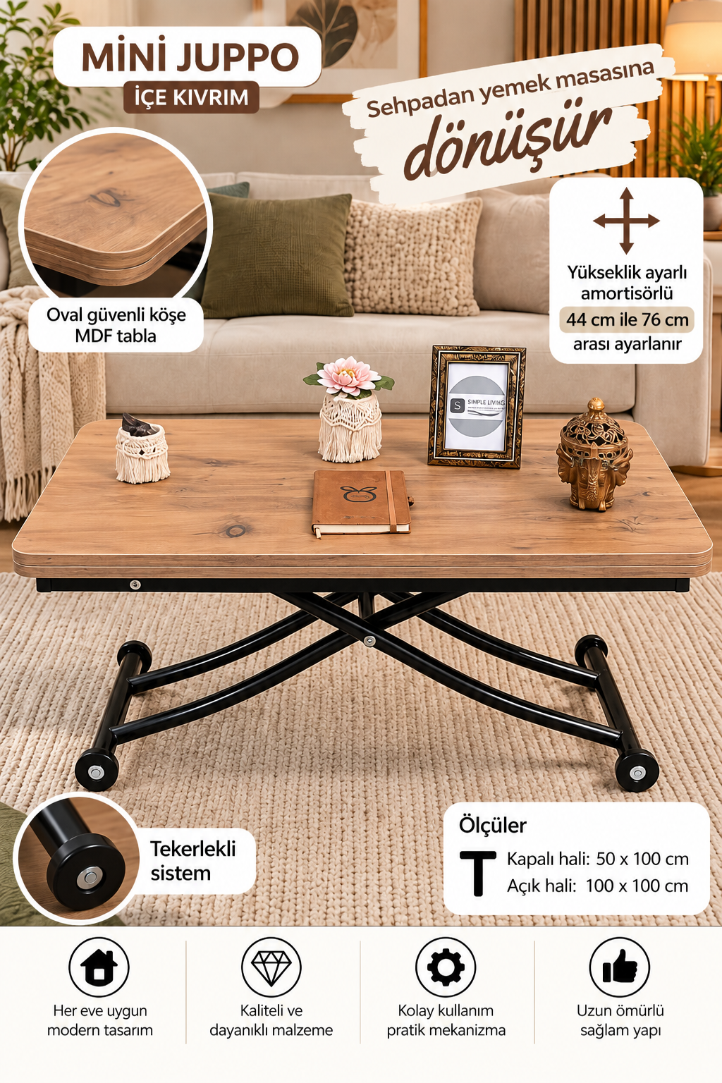Mini Juppo Smart Coffee Table – EfesCam MDF Top & Black Metal Legs
