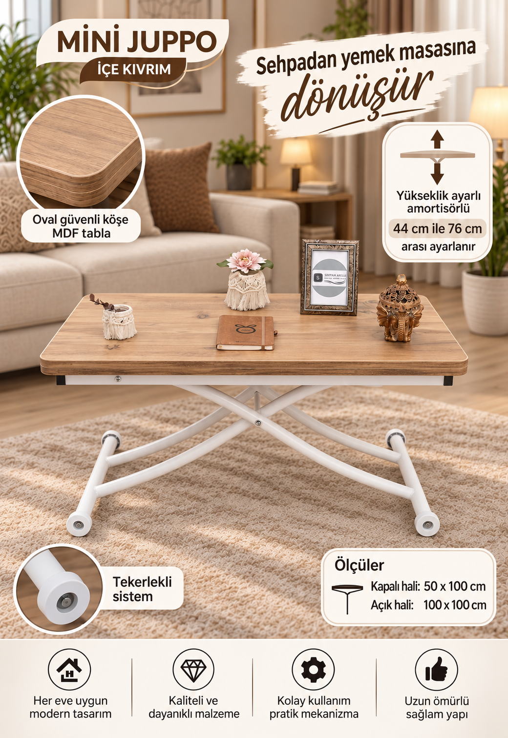 Mini Juppo Smart Coffee Table – EfesCam MDF Top & White Metal Leg
