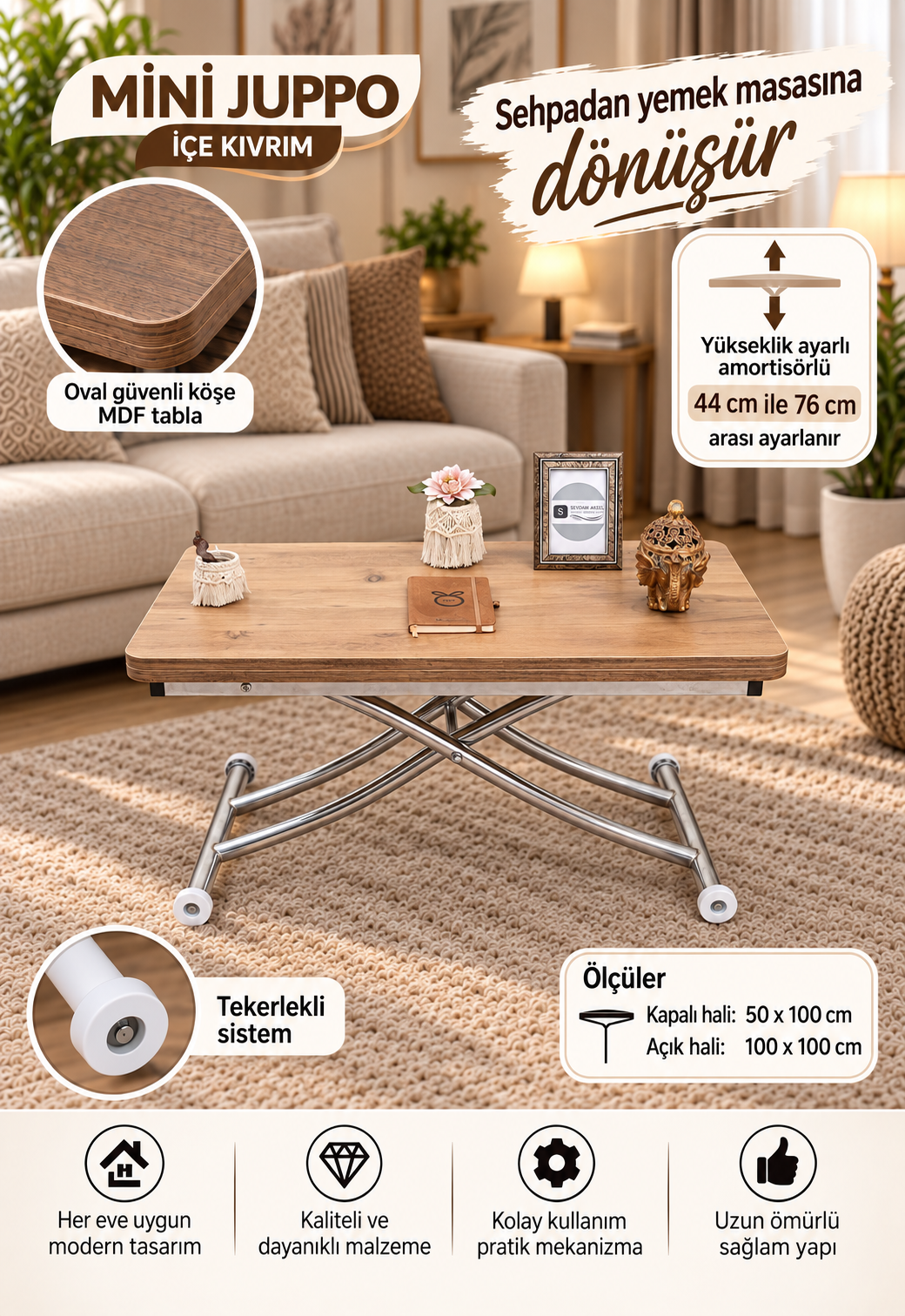 Mini Juppo Smart Coffee Table – EfesCam MDF Top & Chrome-Plated Metal Legs