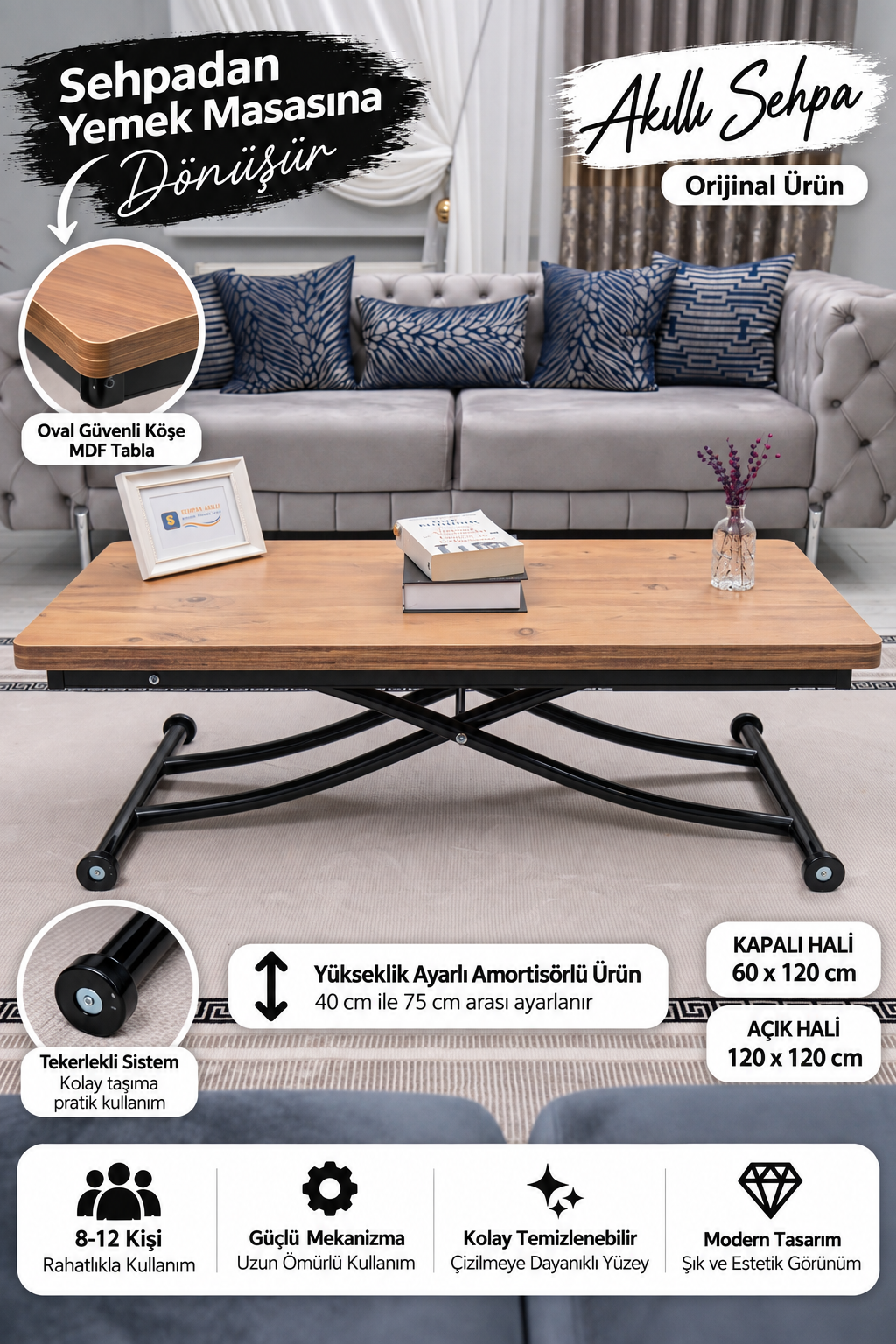 Juppo Smart Coffee Table – EfesCam MDF Top & Black Metal Legs