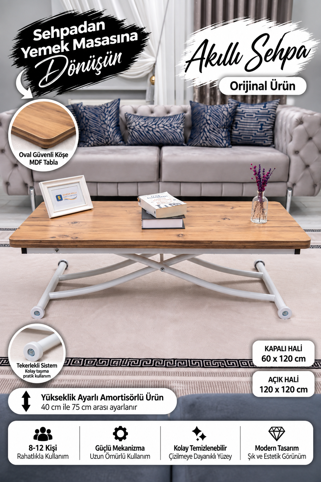 Juppo Smart Coffee Table – EfesCam MDF Top & White Metal Leg