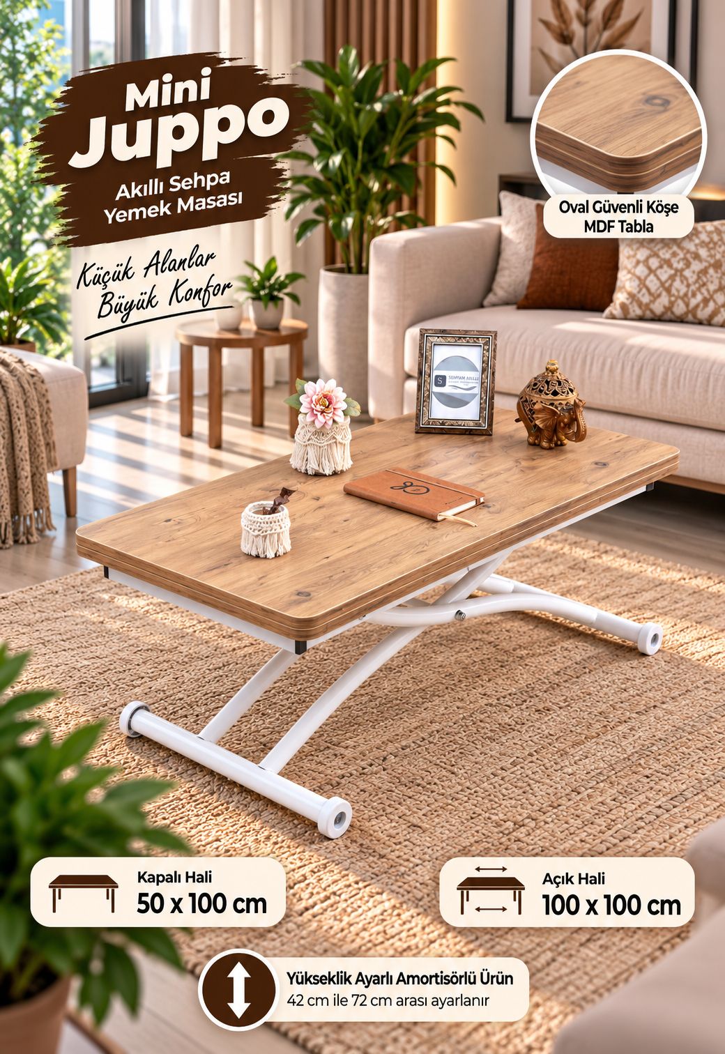 Mini Juppo Smart Coffee Table – EfesCam MDF Top & White Outward-Curved Metal Legs