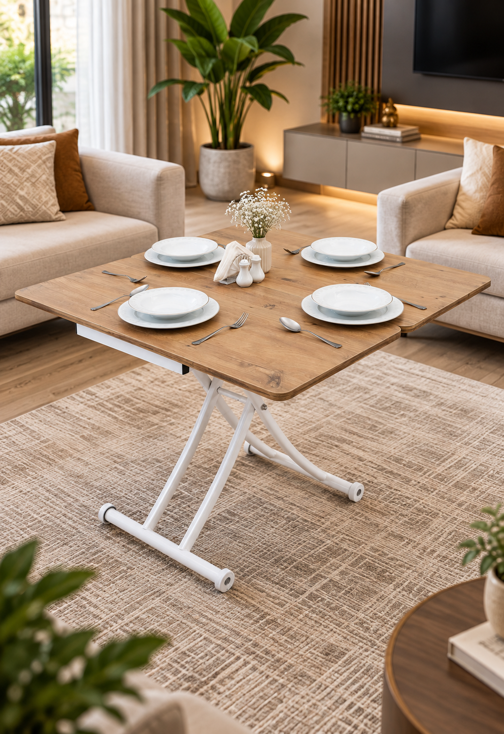 Mini Juppo Smart Coffee Table – EfesCam MDF Top & White Metal Leg