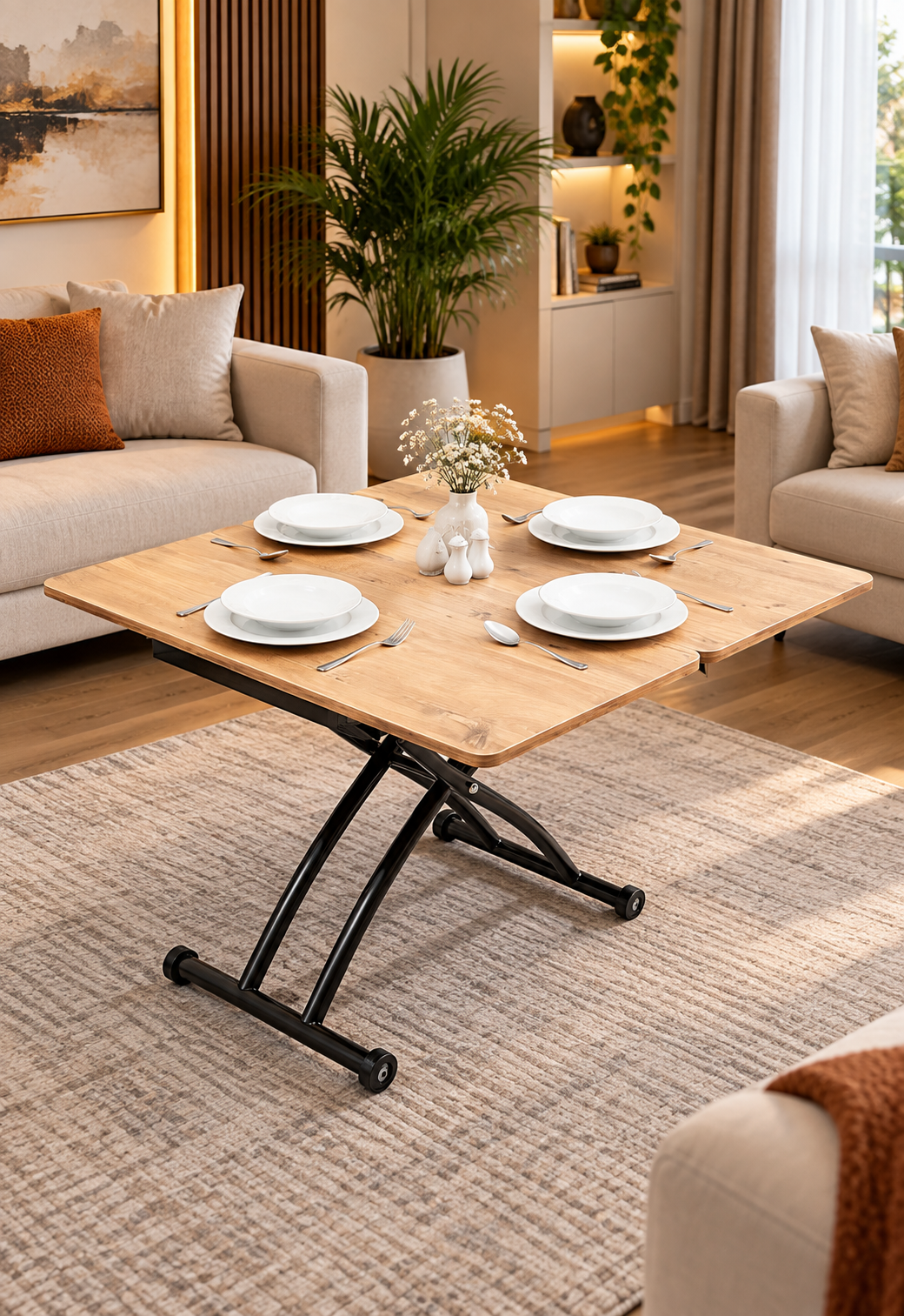 Mini Juppo Smart Coffee Table – EfesCam MDF Top & Black Outward-Curving Metal Legs