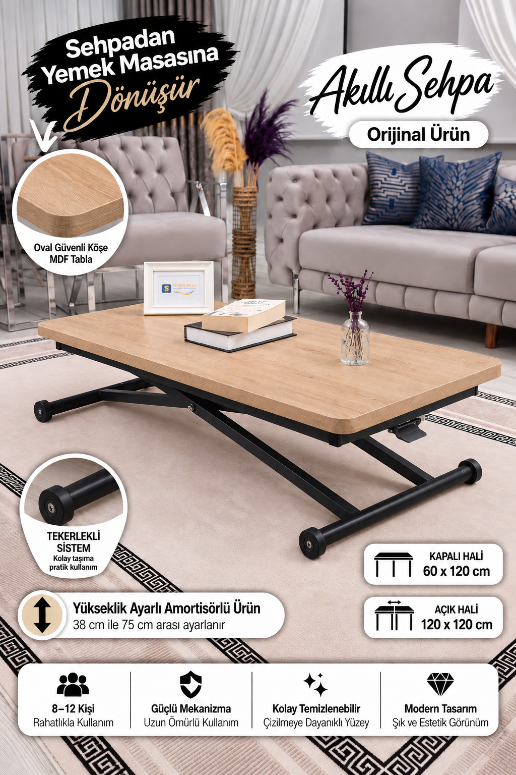 Home Smart Coffee Table – Antique Light MDF Top & Black Metal Legs