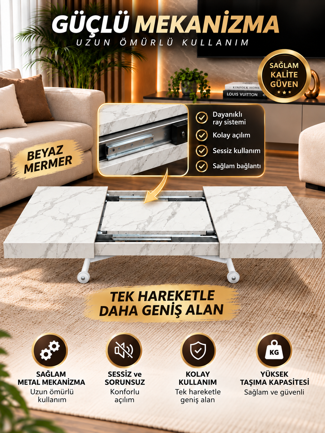 Oval Side-Opening Smart Table | Travertine MDF & Black