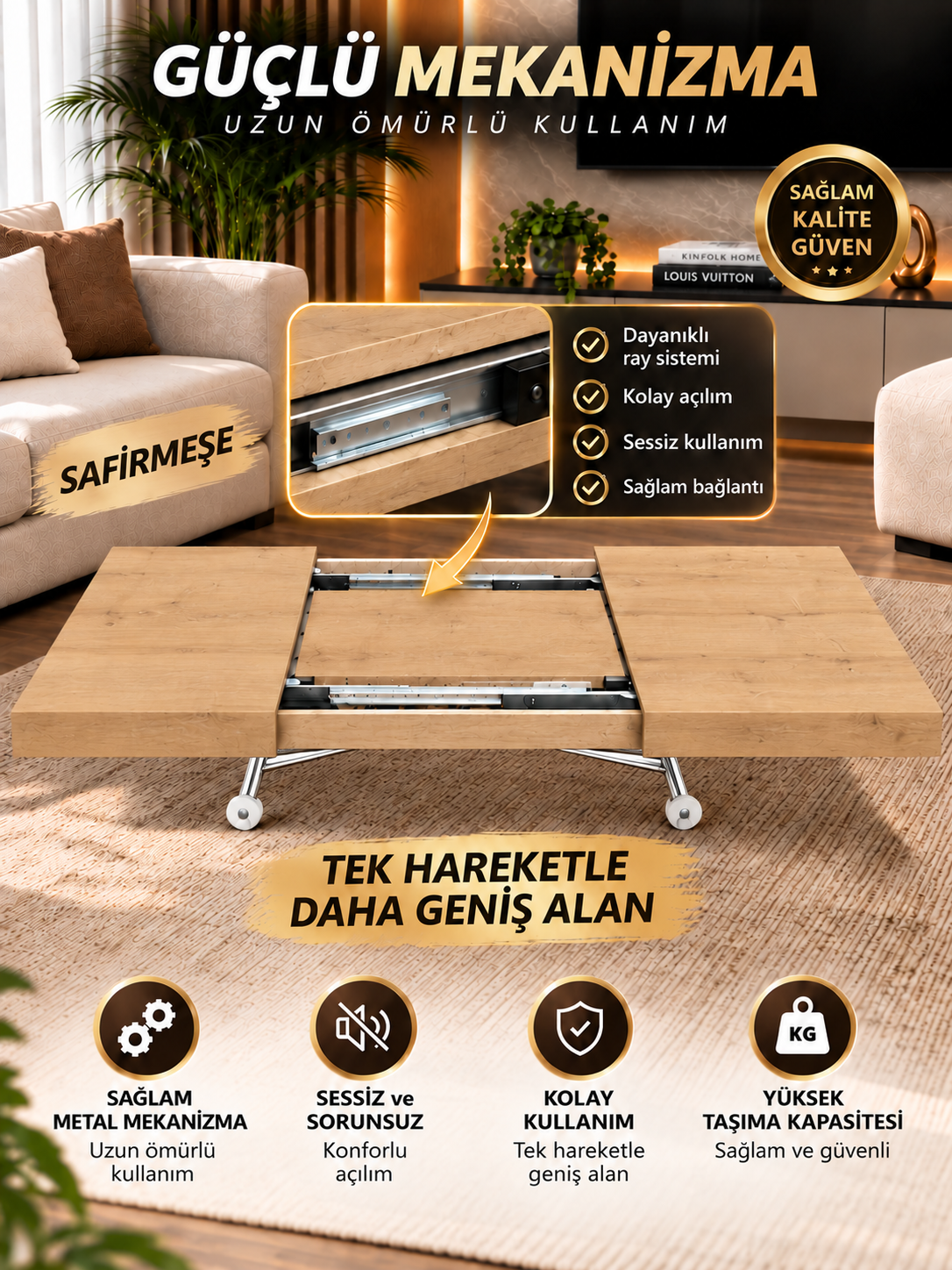 Oval Side-Opening Smart Table | Travertine MDF & Black