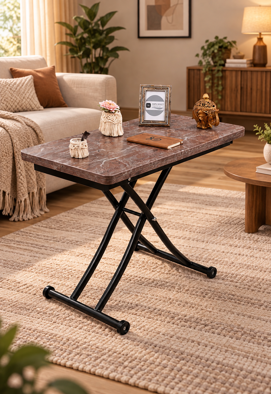 Mini Juppo Akıllı Sehpa – VişneMermer MDF Üst & Siyah İçe Kıvrım Metal Ayak