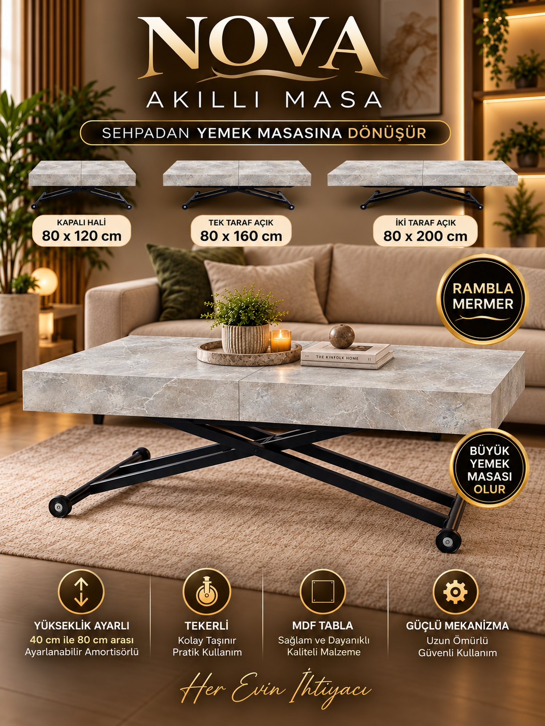 Oval Side-Opening Smart Table | Travertine MDF & Black