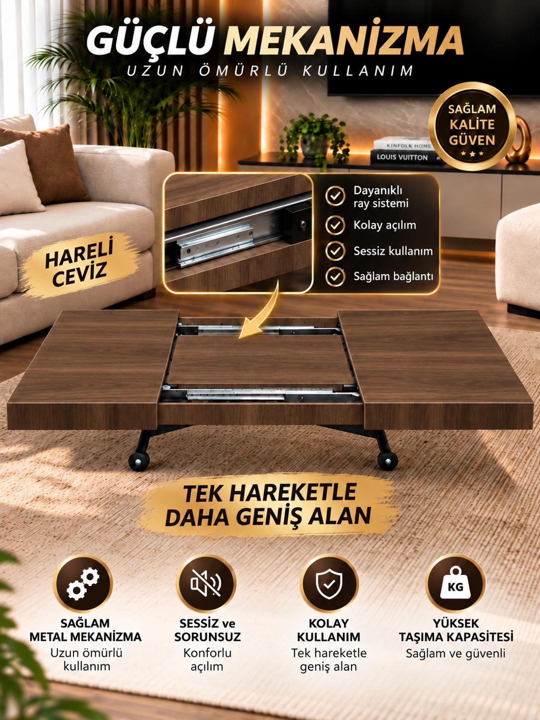 Oval Side-Opening Smart Table | Travertine MDF & Black
