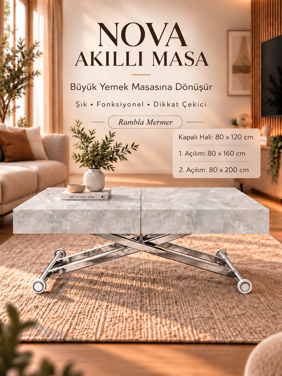Oval Side-Opening Smart Table | Travertine MDF & Black