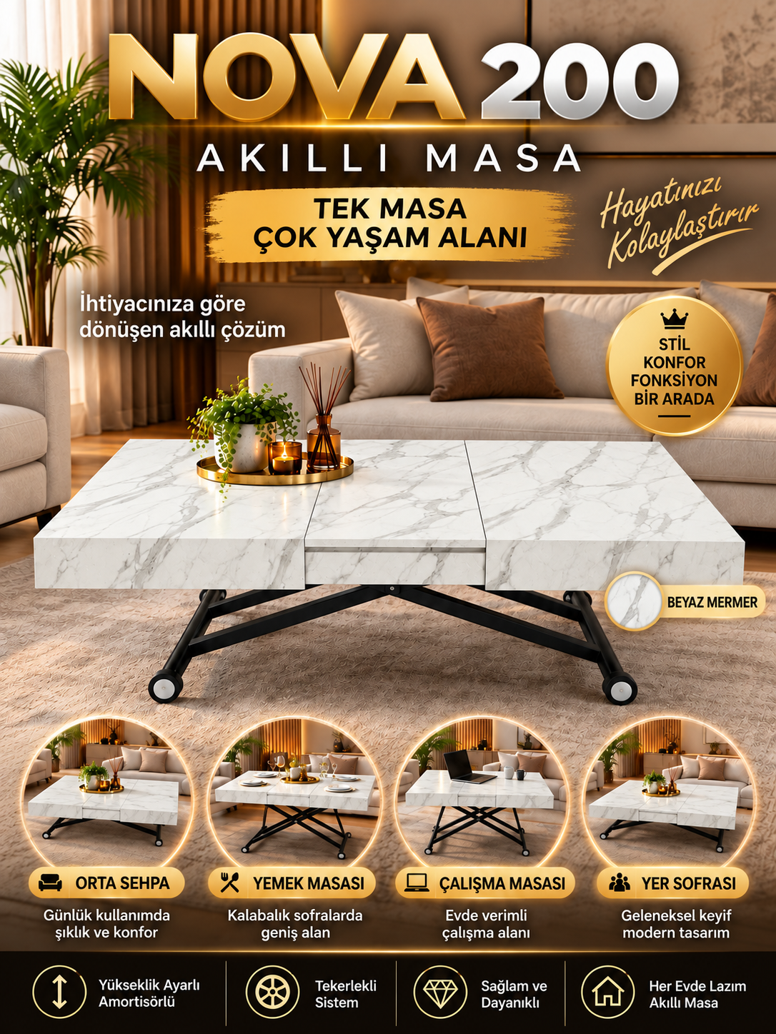 Oval Side-Opening Smart Table | Travertine MDF & Black