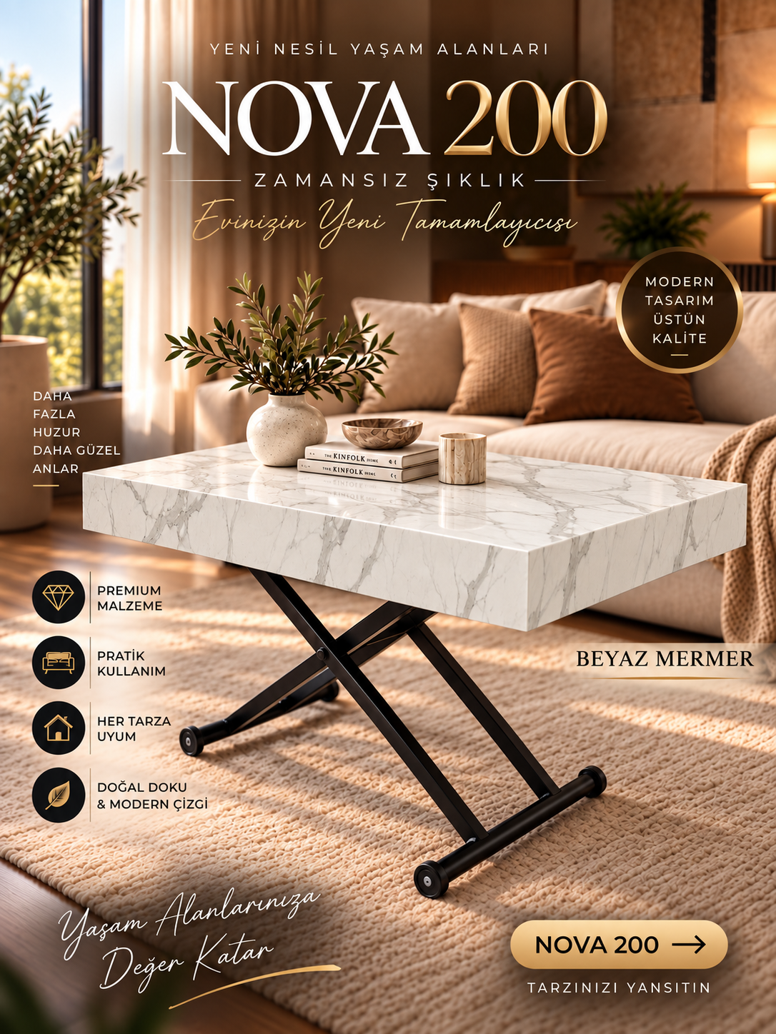 Oval Side-Opening Smart Table | Travertine MDF & Black