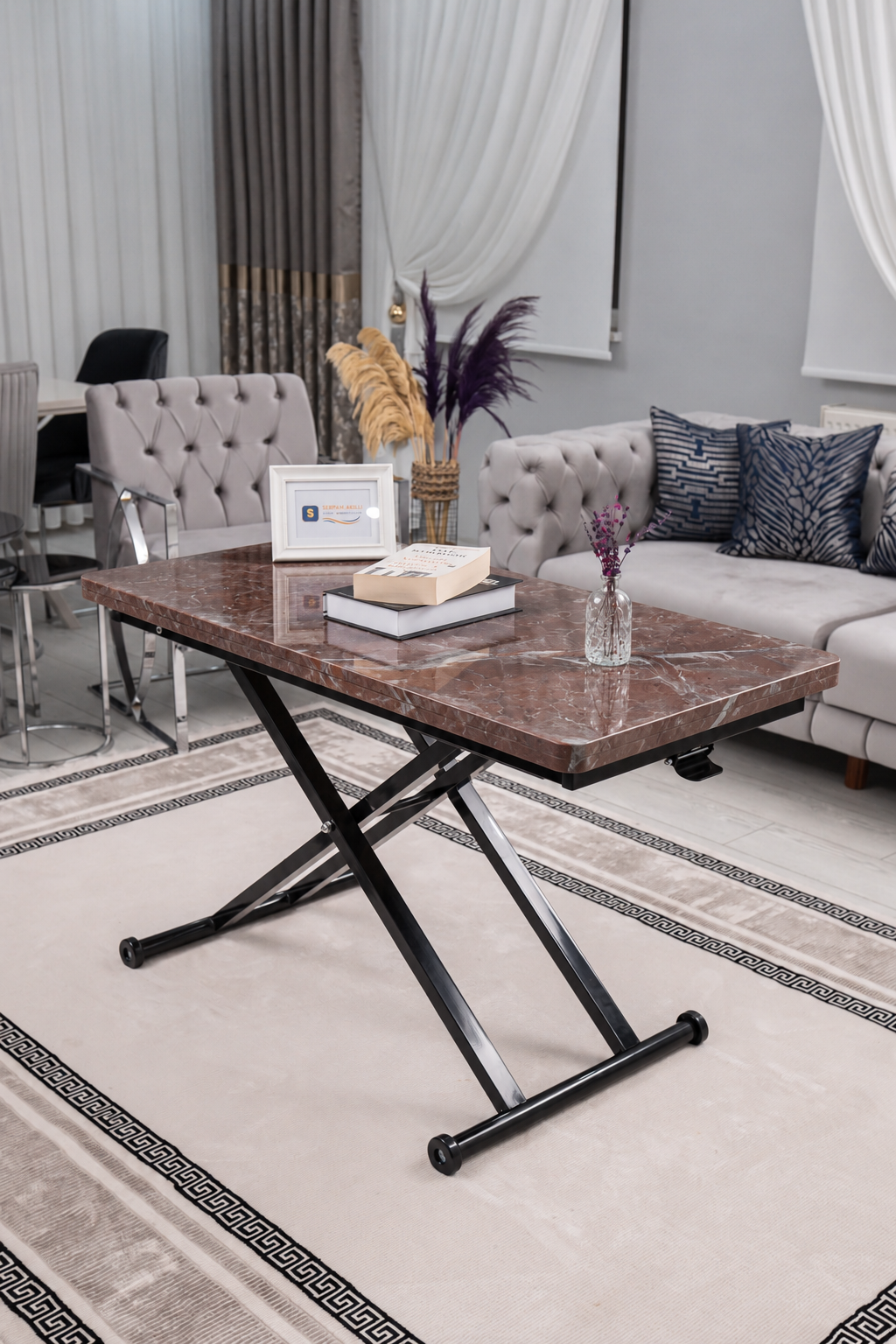 Home Akıllı Sehpa – VişneMermer MDF Üst & Siyah Metal Ayak