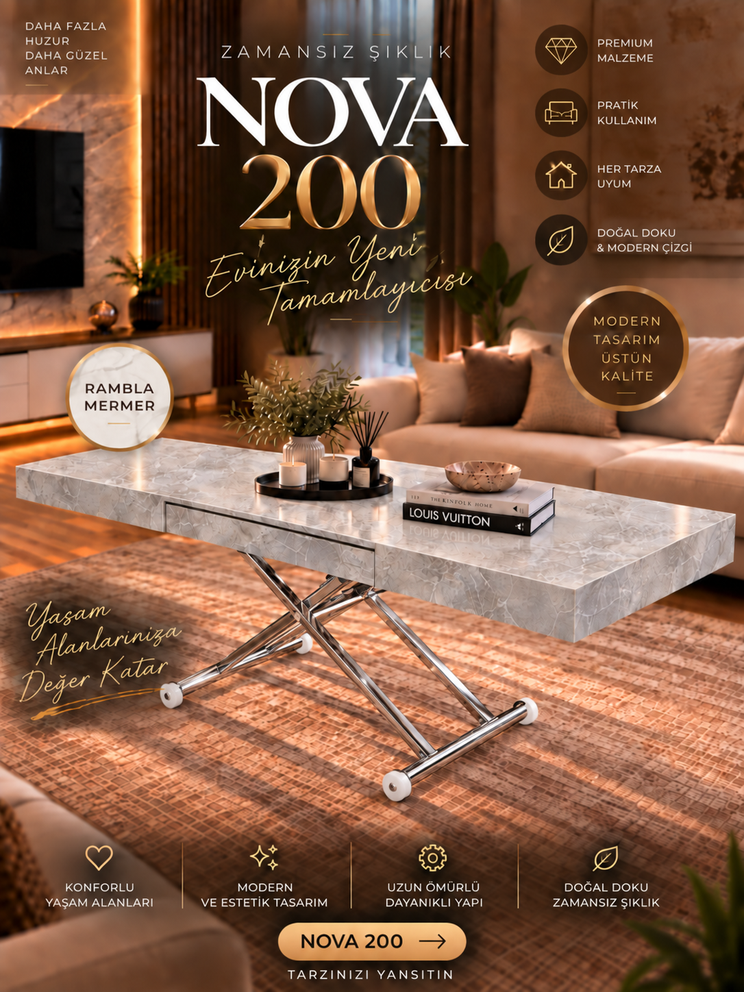Oval Side-Opening Smart Table | Travertine MDF & Black