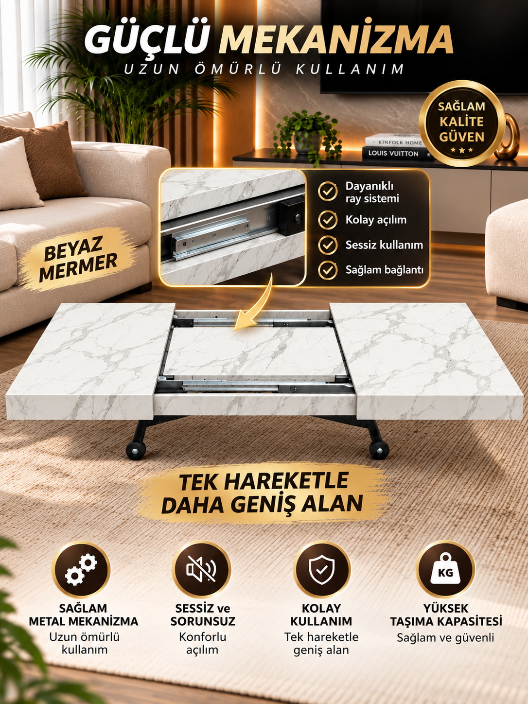 Oval Side-Opening Smart Table | Travertine MDF & Black