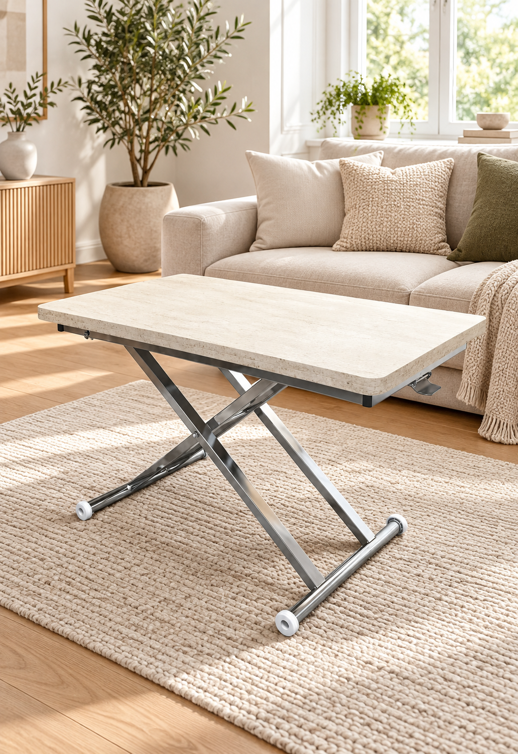 Home Smart Coffee Table – Travertine MDF Top & Chrome Plated Metal Legs