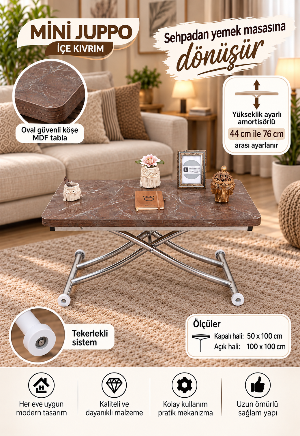Mini Juppo Akıllı Sehpa – VişneMermer MDF Üst & Krom İçe Kıvrım Metal Ayak