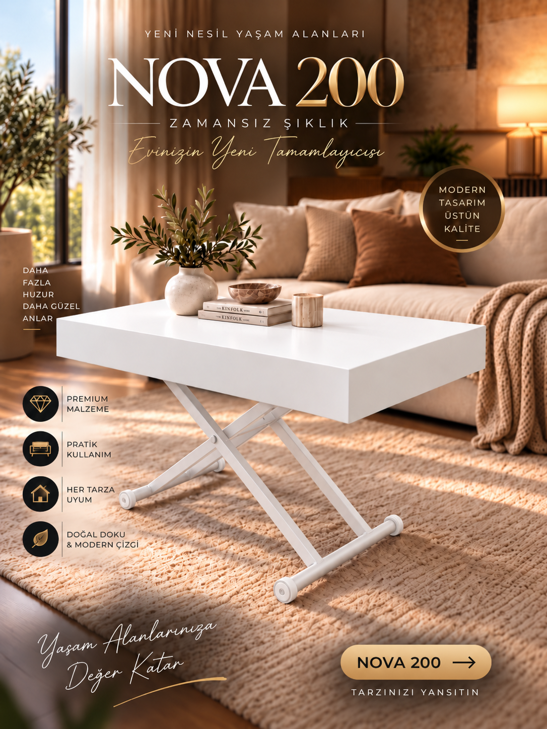 Oval Side-Opening Smart Table | Travertine MDF & Black