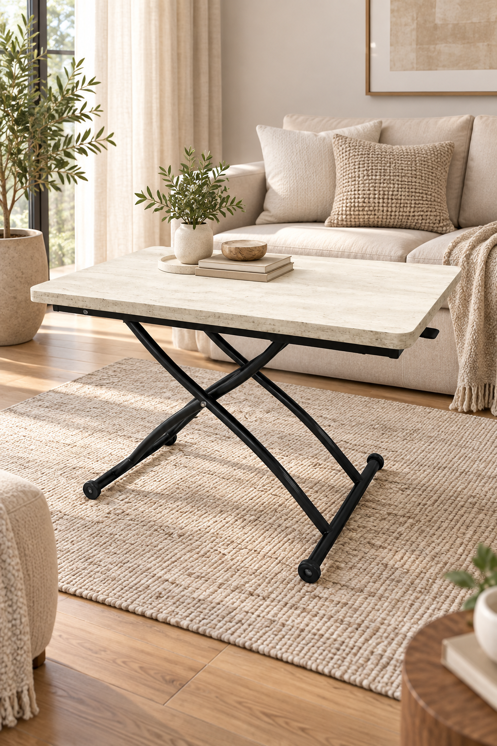 Juppo Smart Coffee Table – Travertine MDF Top & Black Outward-Curved Metal Legs