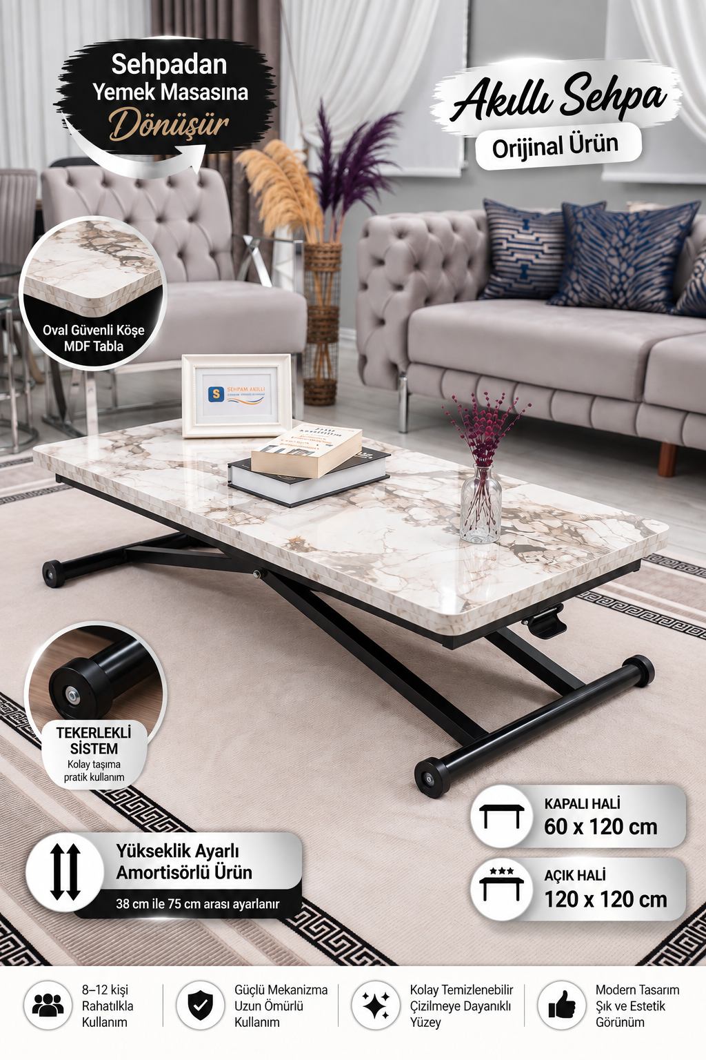 Home Akıllı Sehpa – Beyaz Mermer MDF Üst & Siyah Metal Ayak