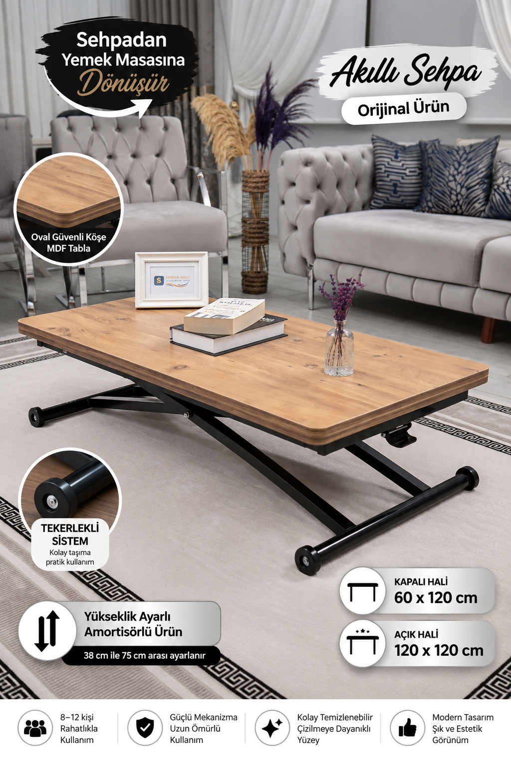 Home Akıllı Sehpa – EfesÇam MDF Üst & Siyah Metal Ayak