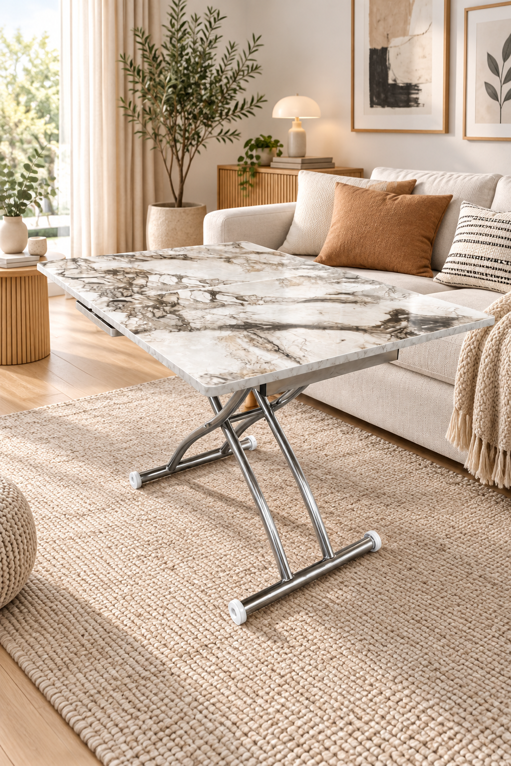 Square Smart Table with Central Opening | White Marble MDF & Chrome