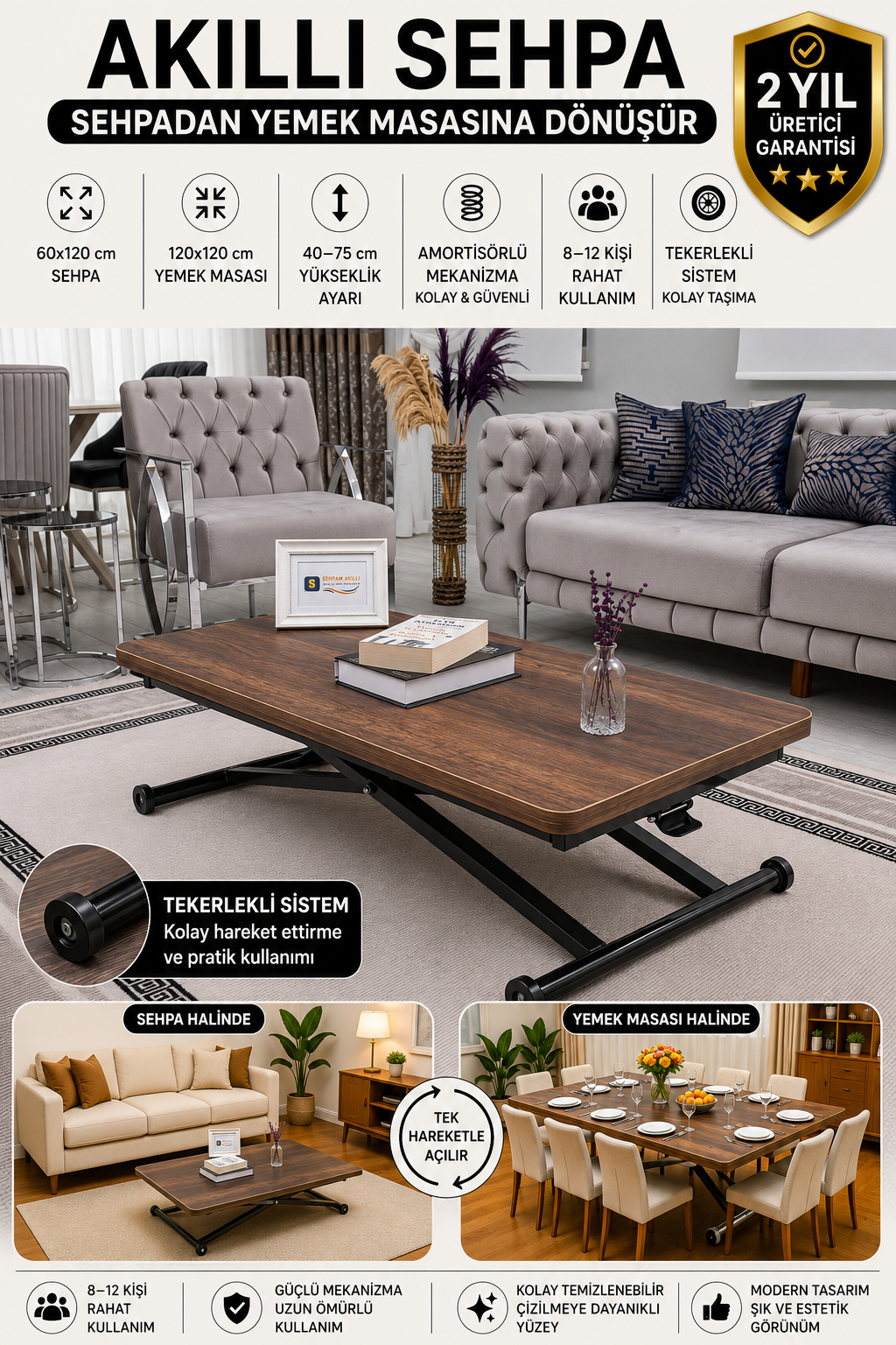 Home Akıllı Sehpa – Barok Koyu Ceviz MDF Üst & Siyah Metal Ayak