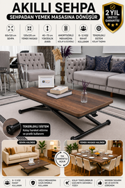 Home Akıllı Sehpa – Barok Koyu Ceviz MDF Üst & Siyah Metal Ayak